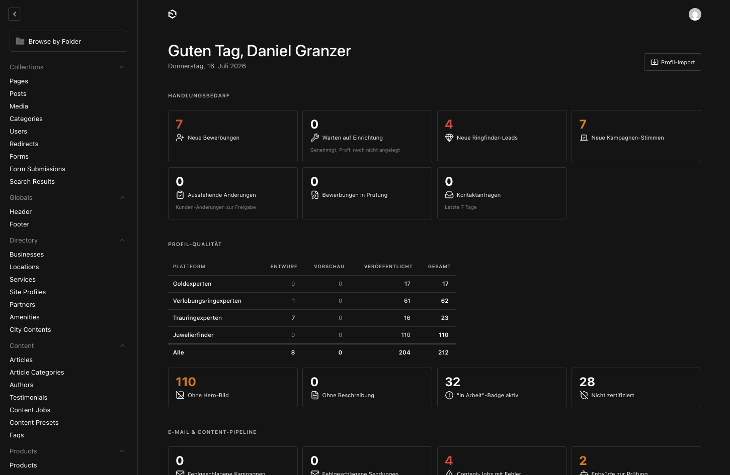 Payload-CMS-Dashboard der Experten-Plattform