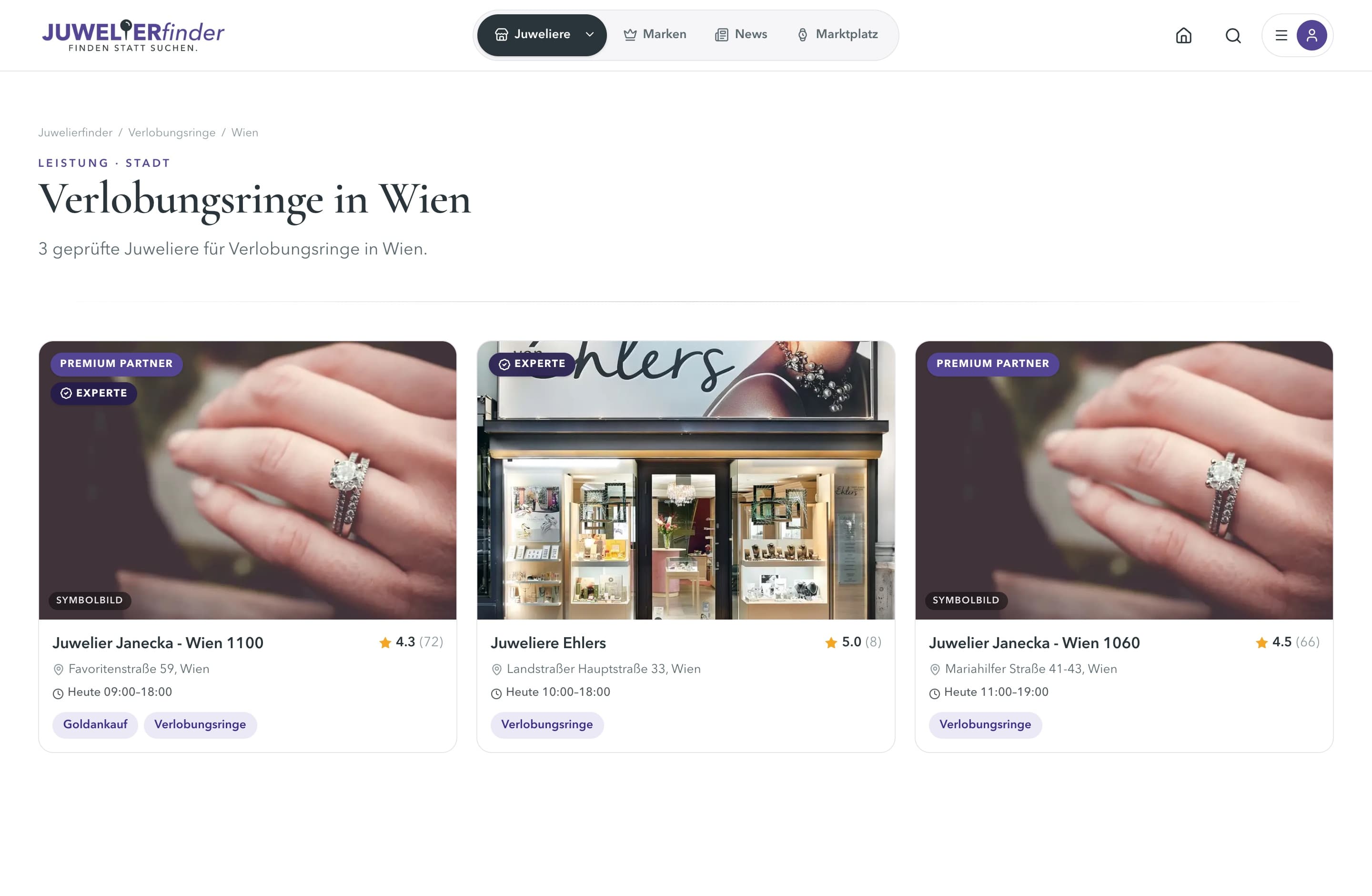 Landingpage „Verlobungsringe in Wien“ auf Juwelierfinder