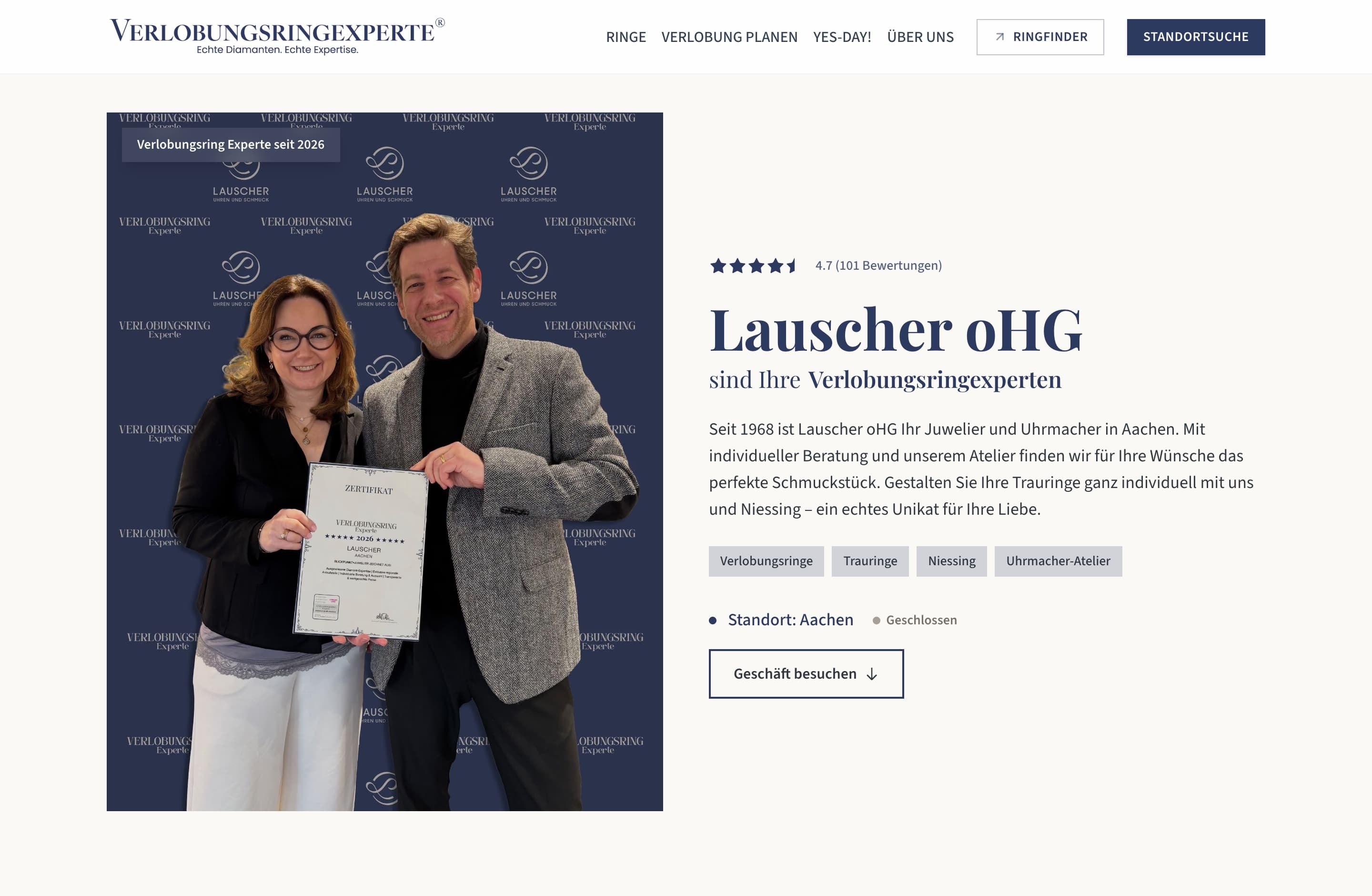 Juwelier-Profilseite auf Dieverlobungsringexperten.com