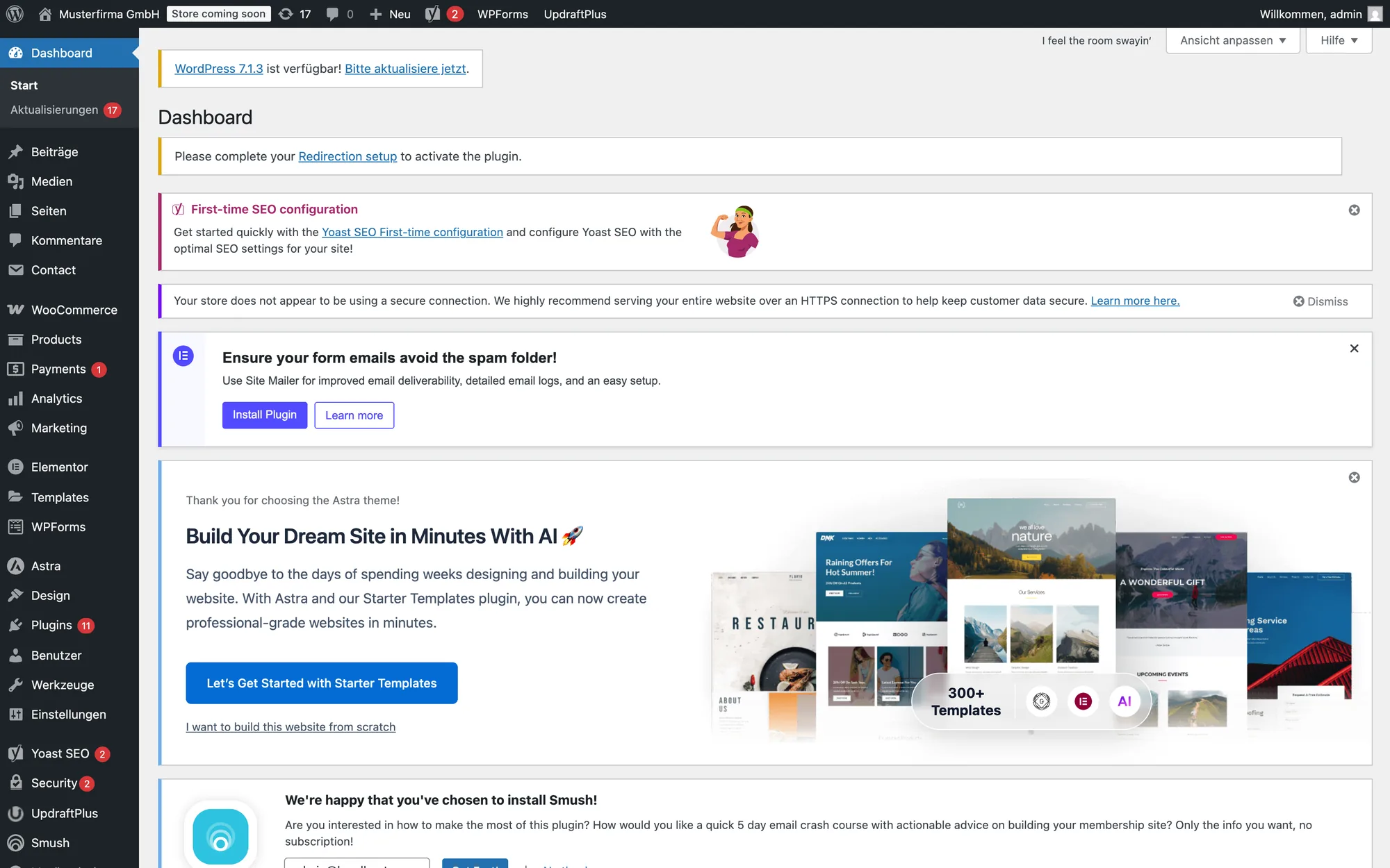WordPress-Dashboard voller Hinweise: Core-Update auf 7.1.3, Einrichtungsaufforderungen von Redirection und Yoast SEO, HTTPS-Warnung von WooCommerce und Werbebanner von Elementor, Astra und Smush; 17 offene Aktualisierungen