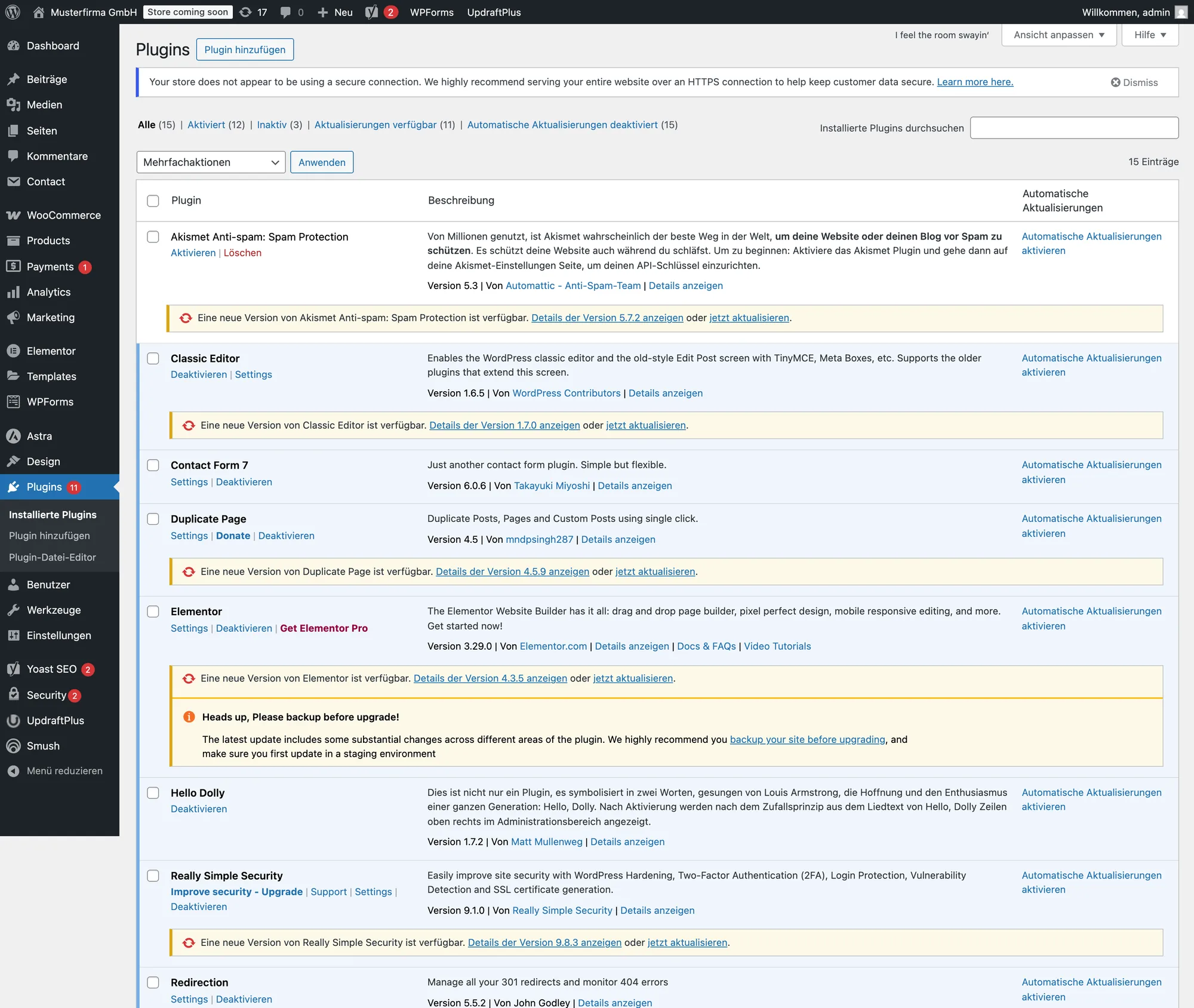 WordPress-Pluginseite einer Firmen-Website mit 15 Plugins, davon 11 mit verfügbarem Update, und einer Elementor-Warnung, vor dem Update ein Backup zu machen