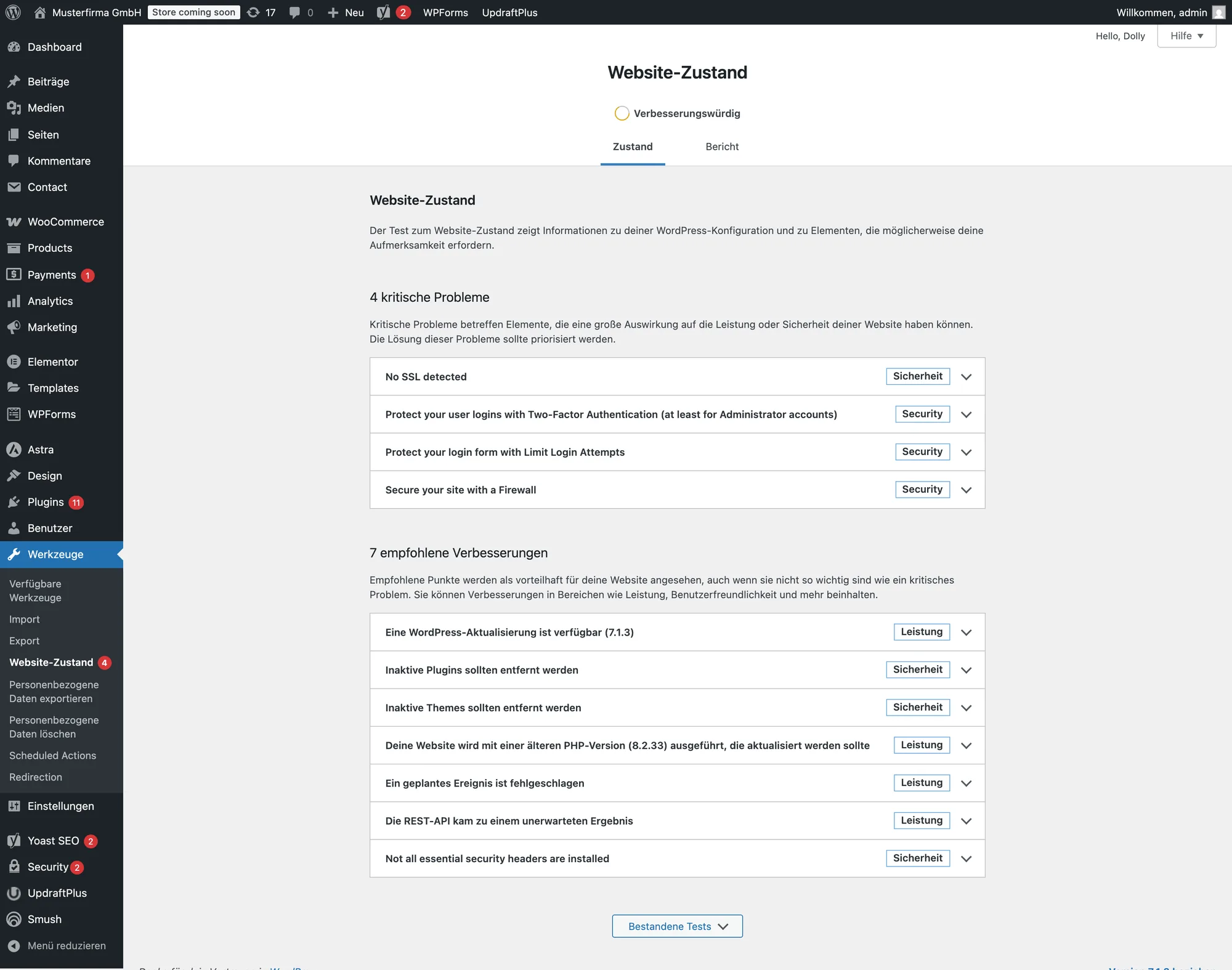 WordPress Website-Zustand „Verbesserungswürdig“ mit 4 kritischen Problemen wie fehlendem SSL, fehlender Zwei-Faktor-Anmeldung und fehlender Firewall sowie 7 empfohlenen Verbesserungen