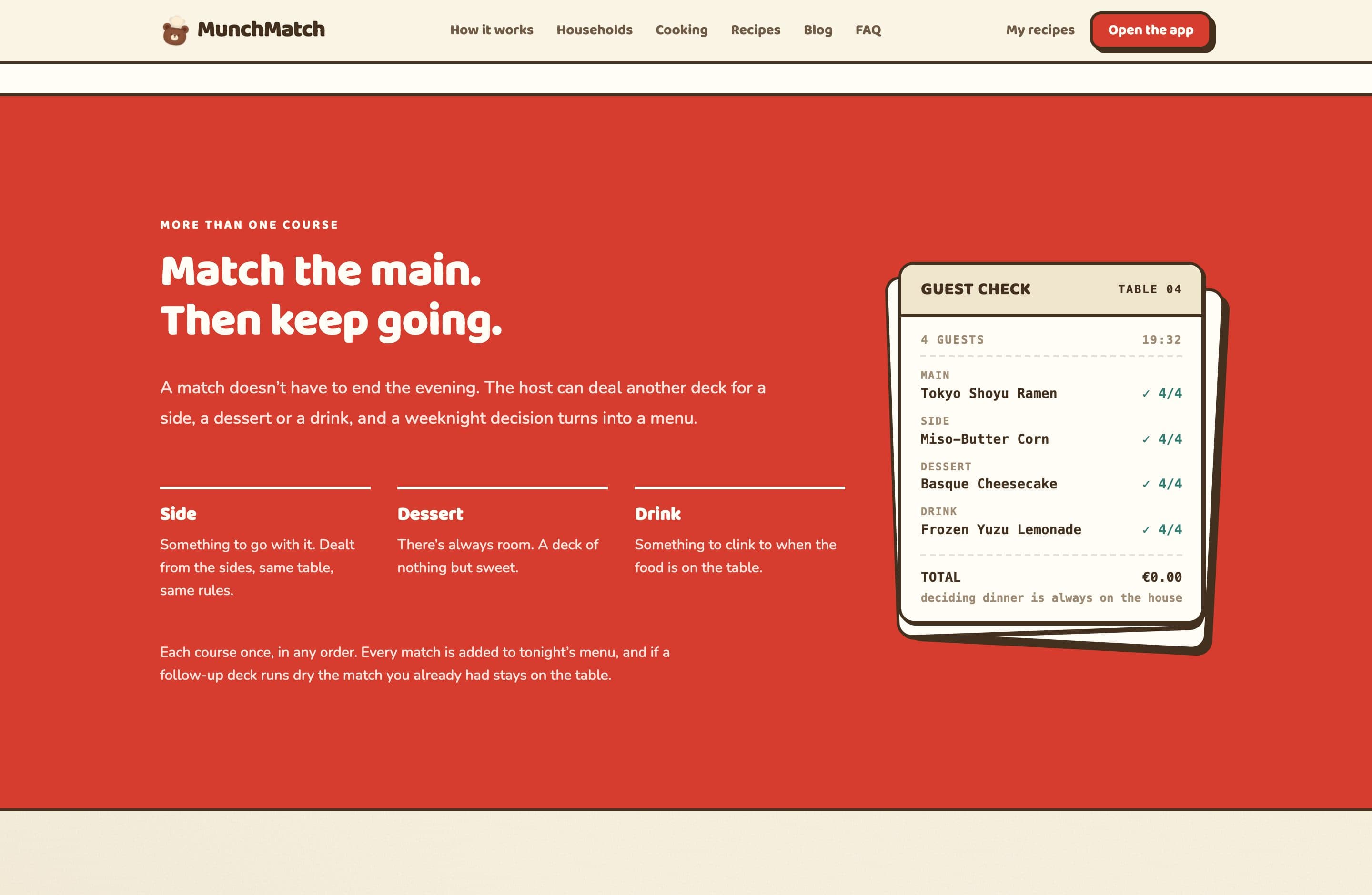 Sektion „Match the main. Then keep going.“ mit Menü-Rechnung