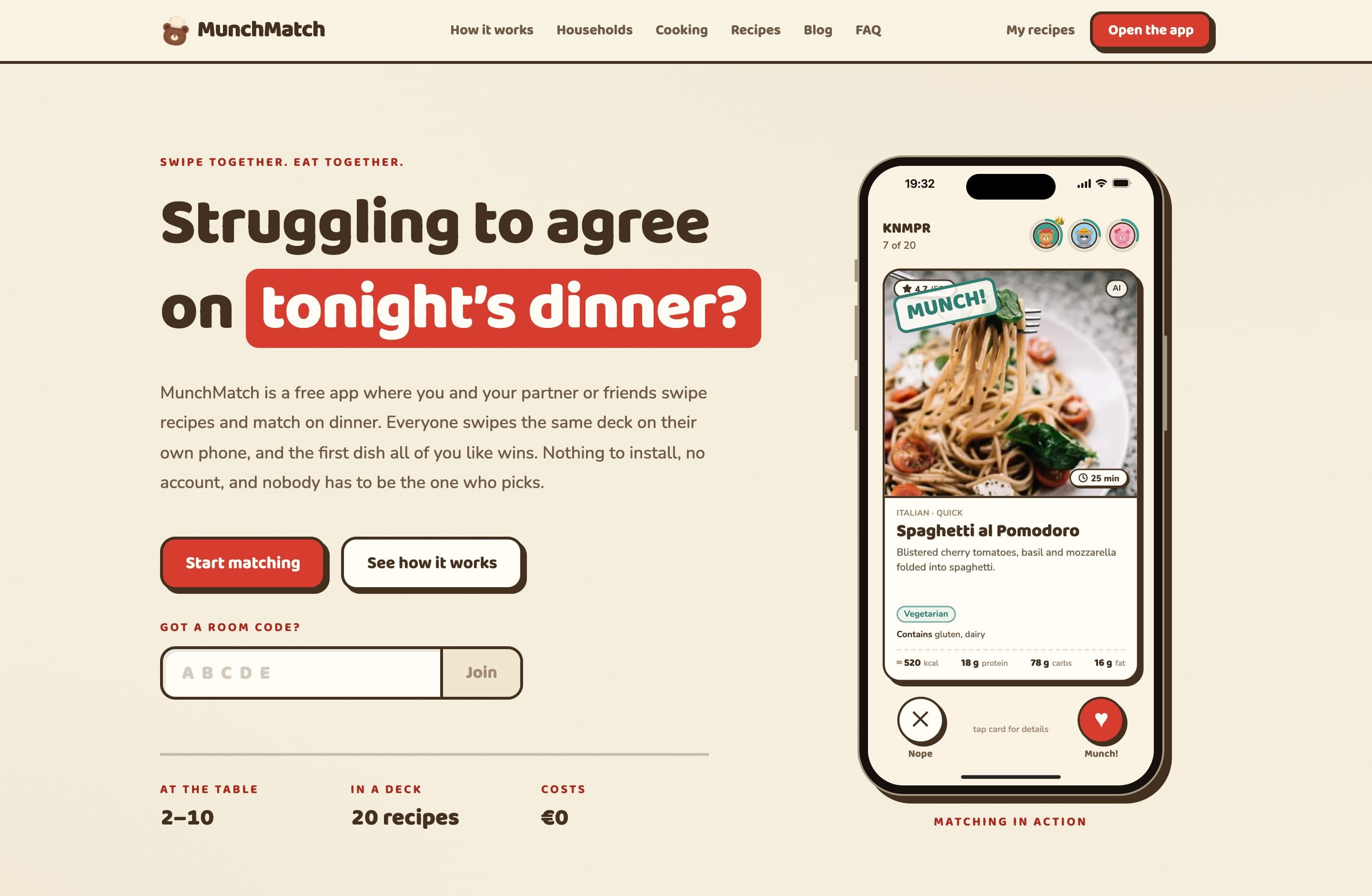 Startseite von MunchMatch.me mit der Swipe-App im Smartphone