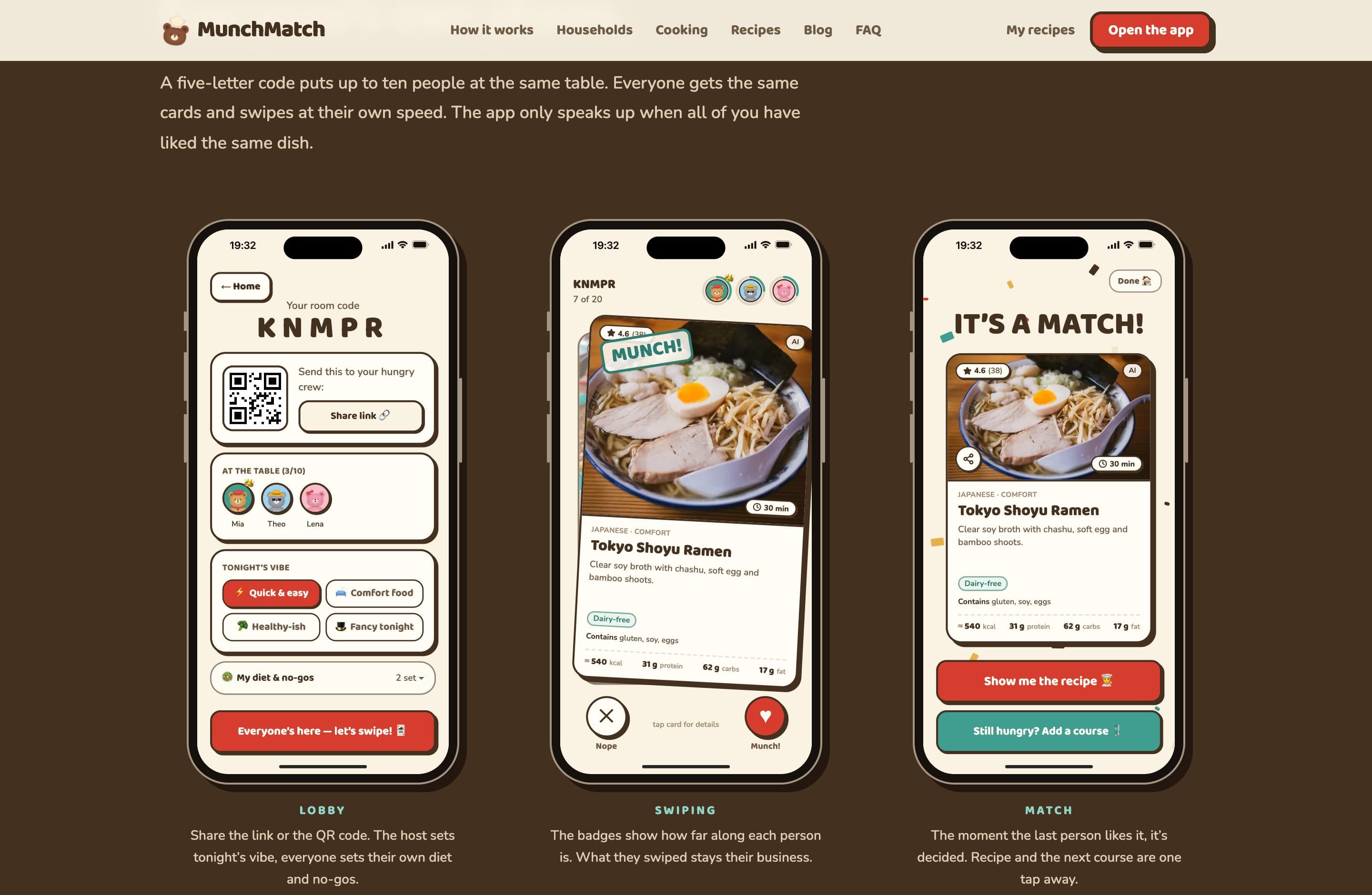 Lobby, Swipen und Match als drei Smartphone-Screens