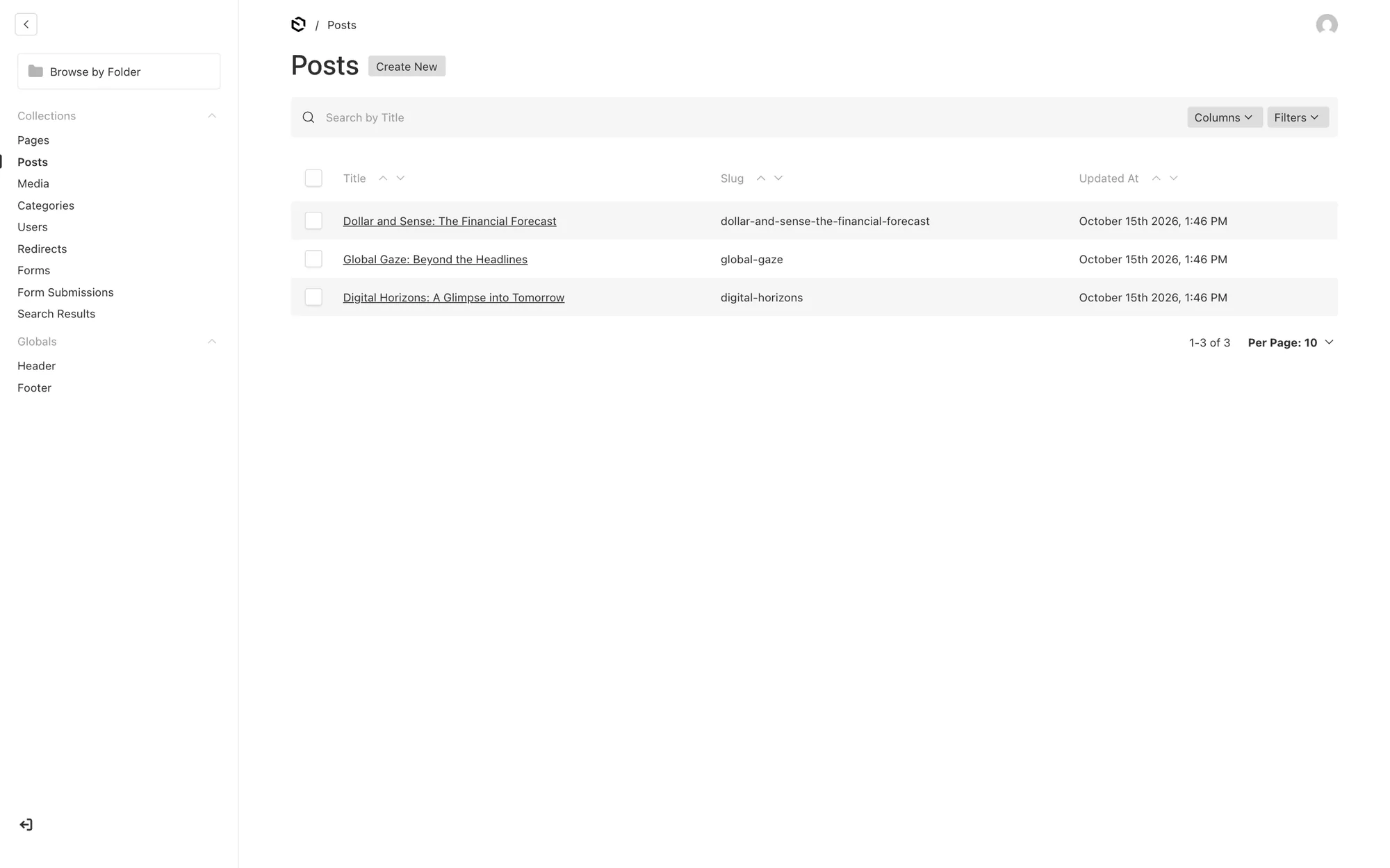 Beitragsliste in Payload CMS mit Titel, Slug und Änderungsdatum sowie Such- und Filterfunktionen