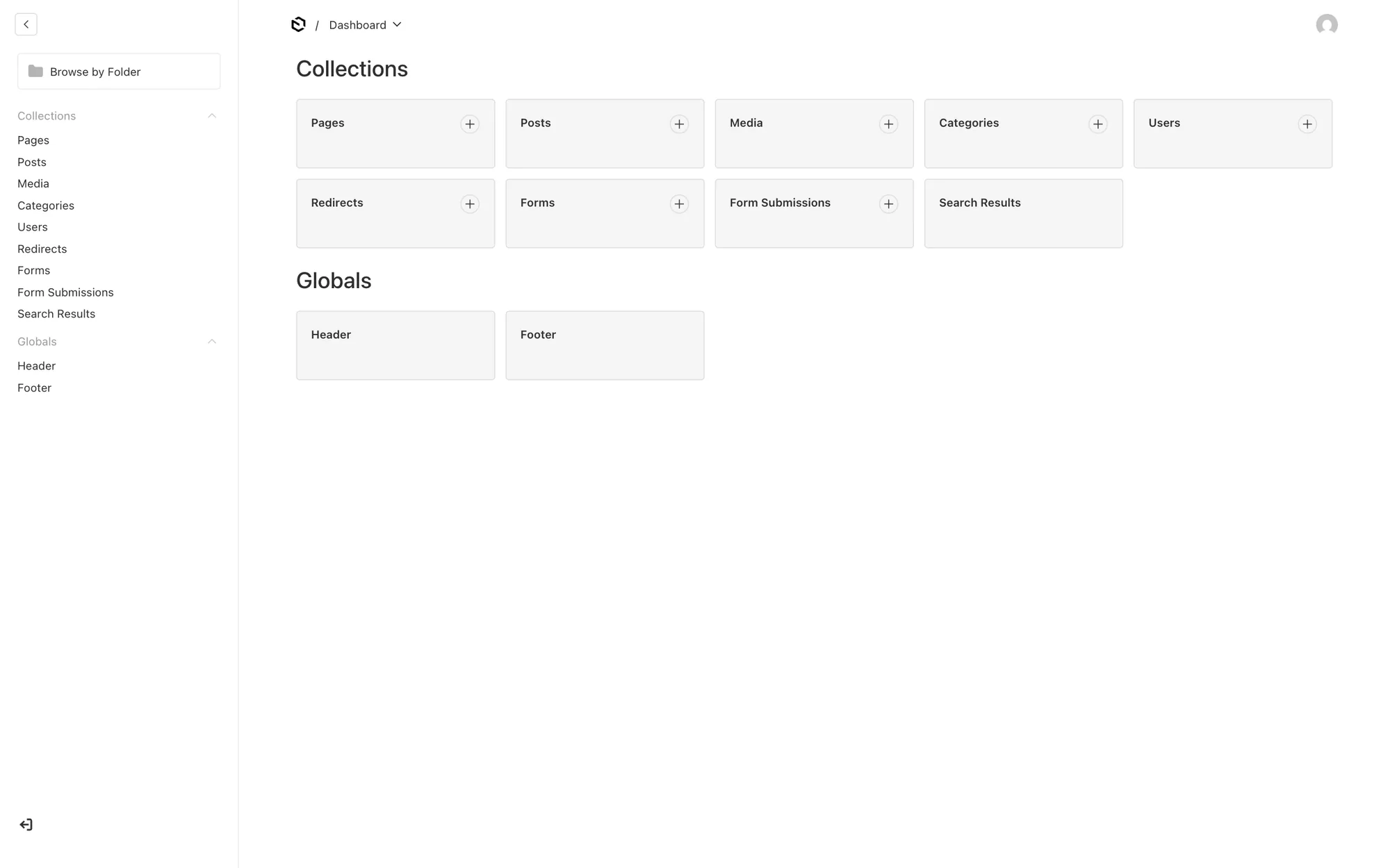 Payload CMS Dashboard mit den Collections Seiten, Beiträge, Medien, Kategorien, Benutzer, Weiterleitungen und Formulare