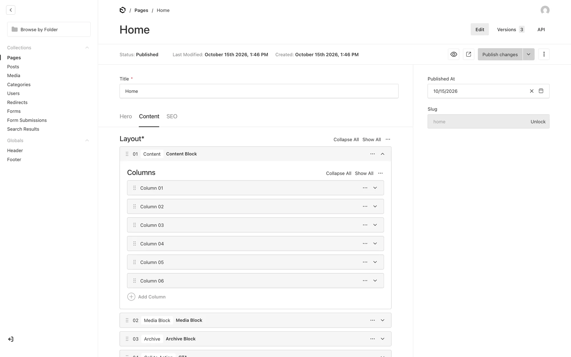 Payload CMS 3 Admin: Seite „Home“ bearbeiten mit Tabs für Hero, Inhalt und SEO und einem Layout-Builder aus Inhalts-, Medien-, Archiv- und Call-to-Action-Blöcken