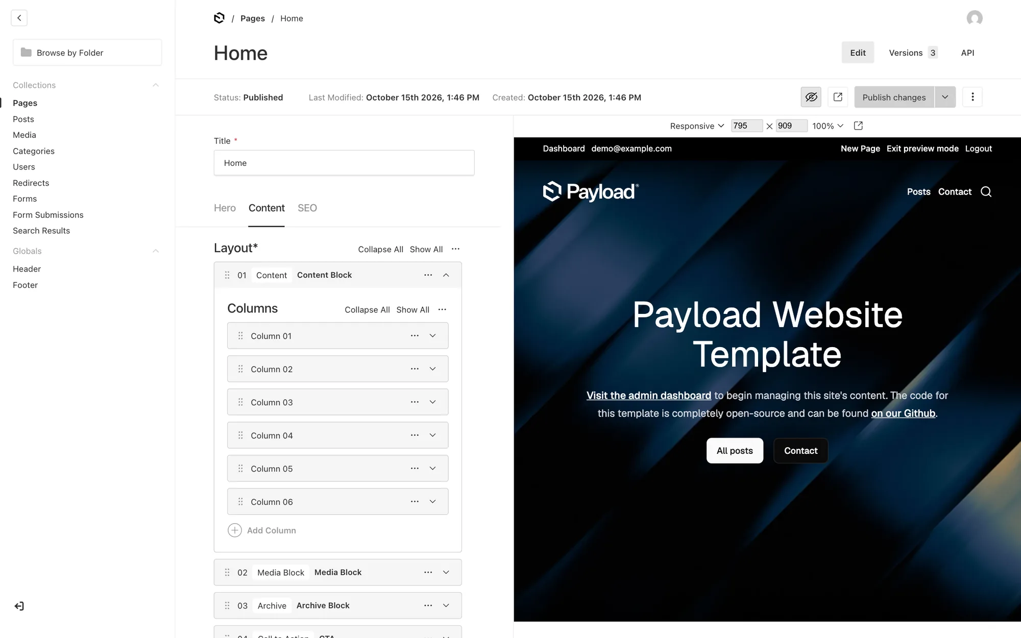 Live-Vorschau in Payload CMS: links der Block-Editor, rechts die gerenderte Website mit Umschaltung für Bildschirmgrößen