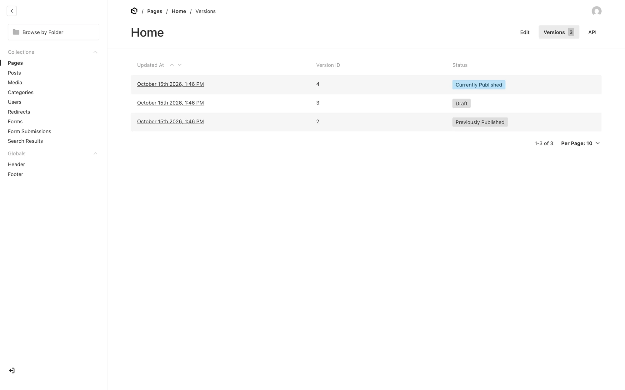 Versionsverlauf einer Seite in Payload CMS mit veröffentlichter Version, Entwurf und vorheriger Version