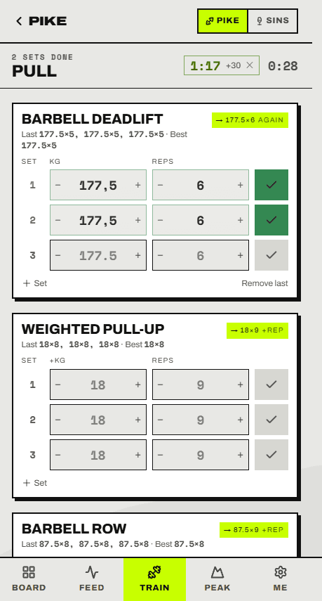 Pike-App: laufende Trainingseinheit