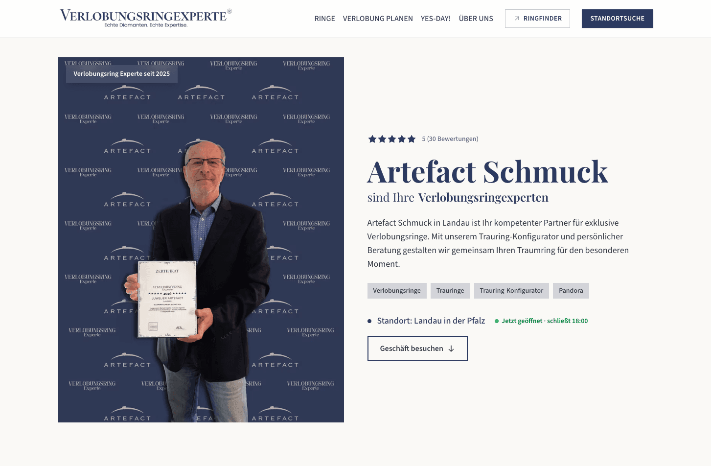 Juwelier-Profilseite auf Dieverlobungsringexperten.com